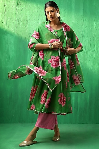 Green Organza Carnation Printed Anarkali Set by Pomcha Jaipur