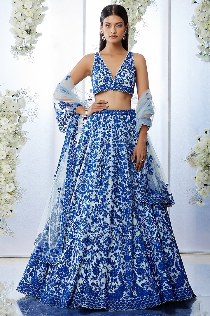 Cobalt Blue Resham Embroidered Lehenga Set by Seema Gujral