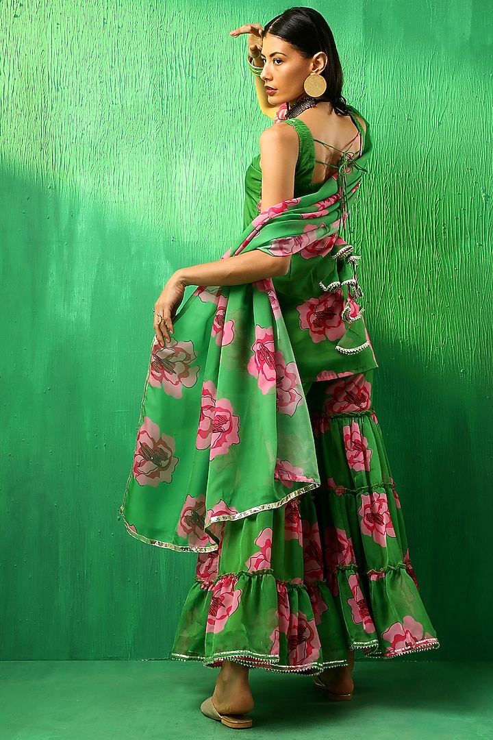 Green Organza Carnation Printed Sharara Set by Pomcha Jaipur at Pernia's Pop Up Shop
