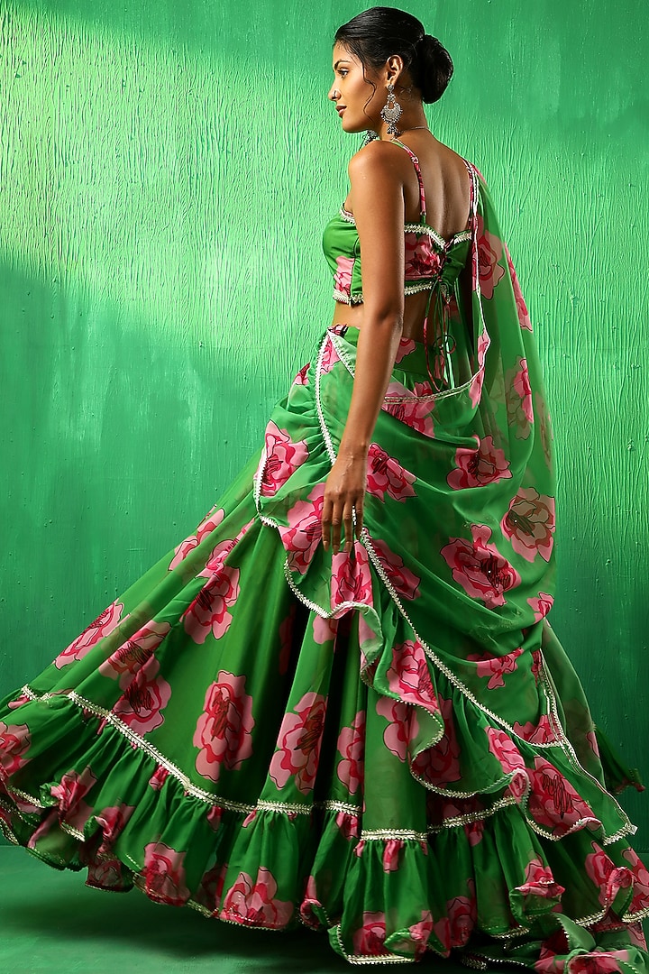 Green Organza Carnation Printed Lehenga Set by Pomcha Jaipur at Pernia's Pop Up Shop