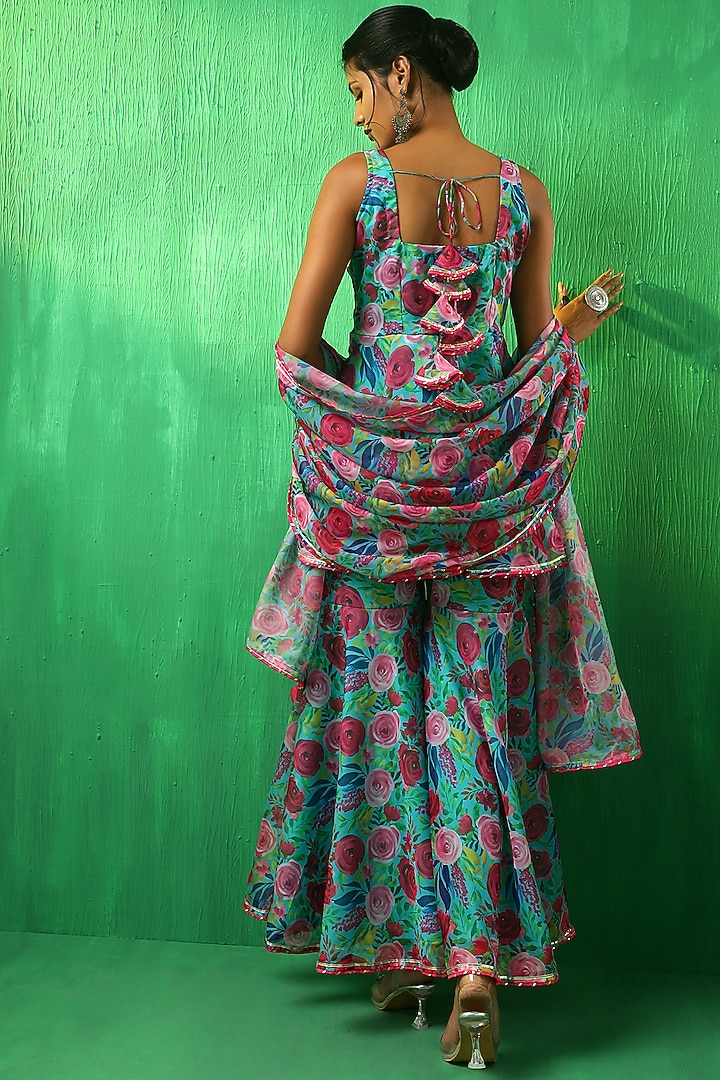Blue Organza Floral Printed Sharara Set by Pomcha Jaipur at Pernia's Pop Up Shop