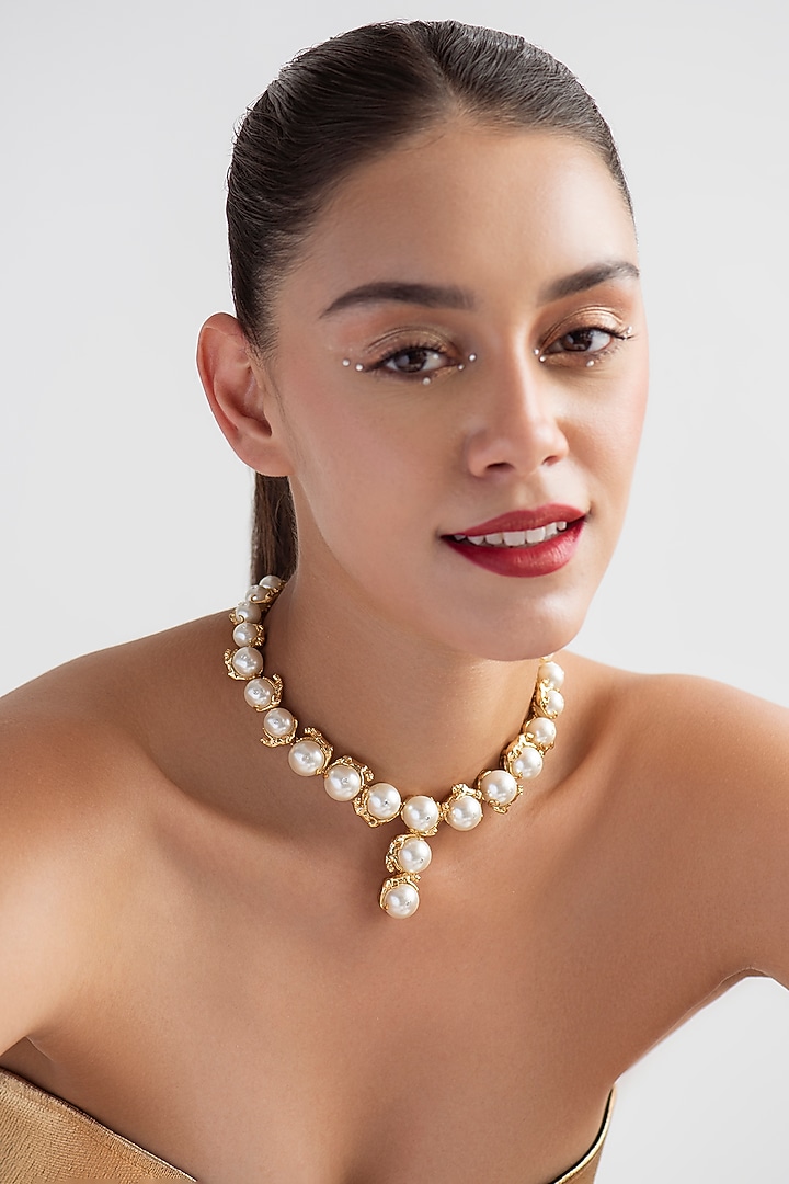 Gold Finish Pearl Necklace In Sterling Silver by Opalina at Pernia's Pop Up Shop