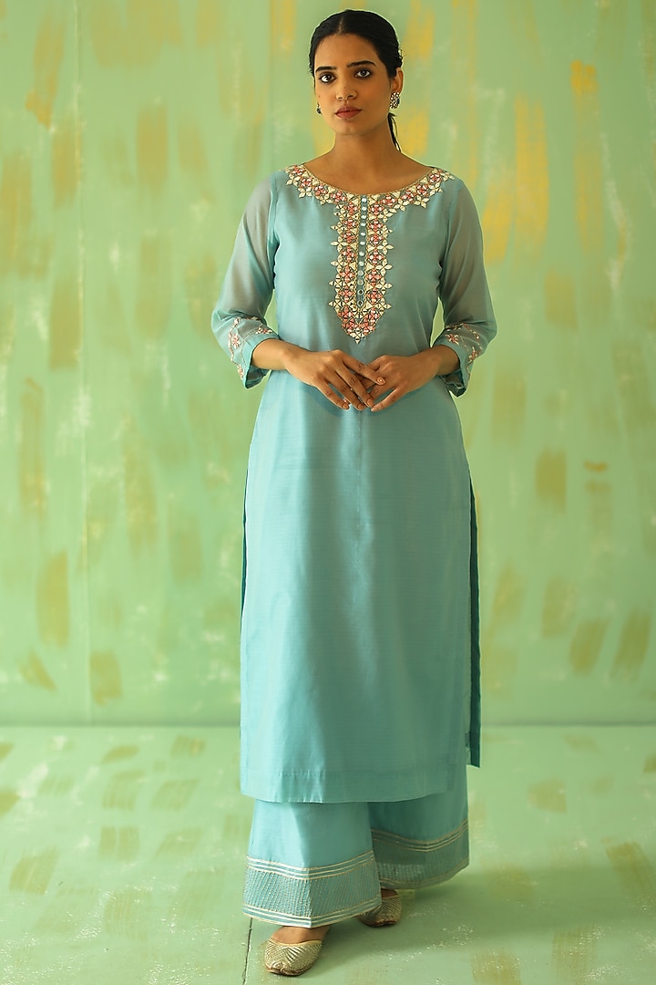 Powder Blue Sequins Embroidered Kurta Set by POULI at Pernia's Pop Up Shop