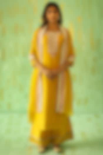 Ochre Yellow Embroidered Kurta Set by Pouli Pret