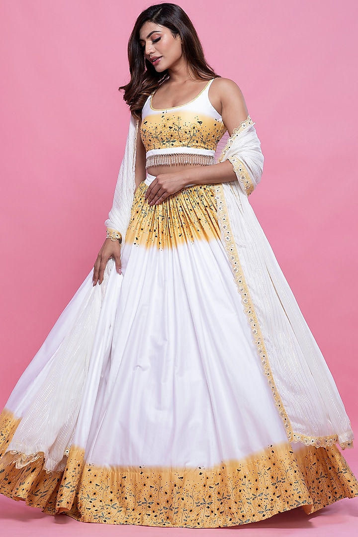 White Yellow Printed & Embroidered Lehenga Set by LABEL PRIYANKA KAR