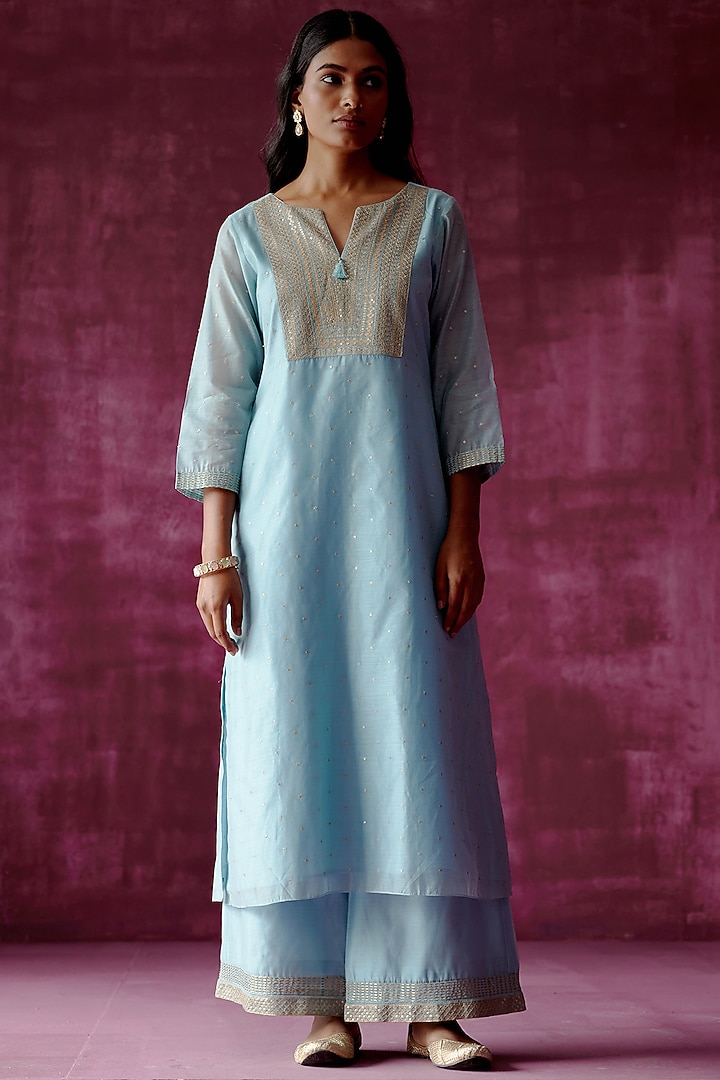 Powder Blue Embroidered Kurta Set by POULI at Pernia's Pop Up Shop