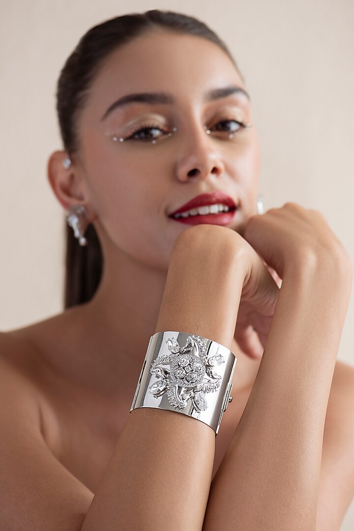 White Finish Swarovski Crystal Horse Motif Handcuff In Sterling Silver by Opalina at Pernia's Pop Up Shop