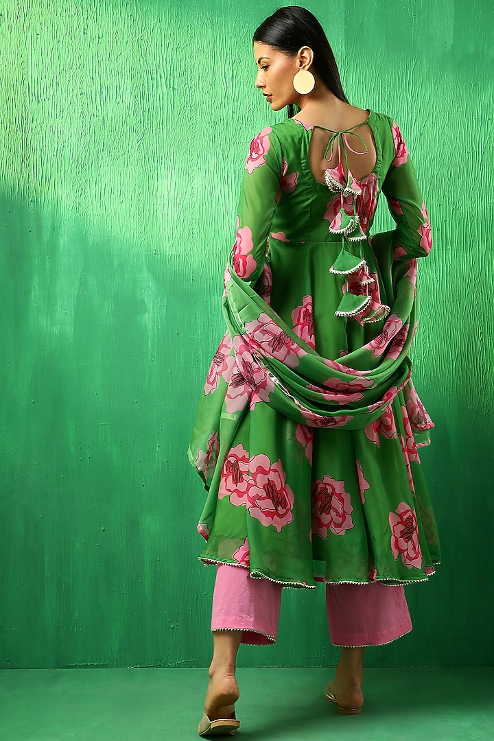 Green Organza Carnation Printed Anarkali Set by Pomcha Jaipur at Pernia's Pop Up Shop