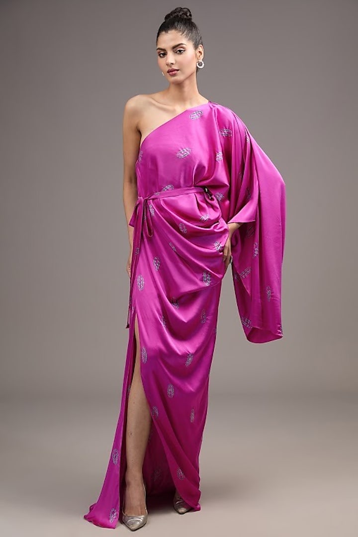 Magenta Silk Lycra Satin Tie-Dye One-Shoulder Dress by Stephany at Pernia's Pop Up Shop