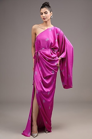 Magenta Silk Lycra Satin Tie-Dye One-Shoulder Dress by Stephany
