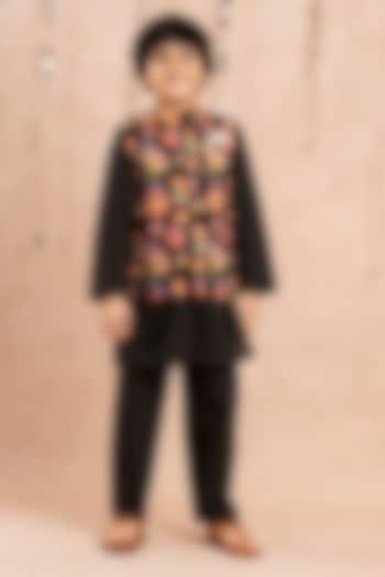 Black Cotton Jaipur Printed Nehru Jacket Set For Boys by Lil Drama at Pernia's Pop Up Shop