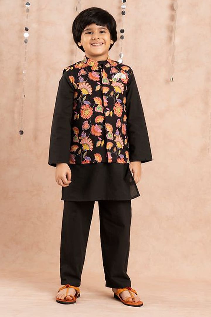 Black Cotton Jaipur Printed Nehru Jacket Set For Boys by Lil Drama at Pernia's Pop Up Shop