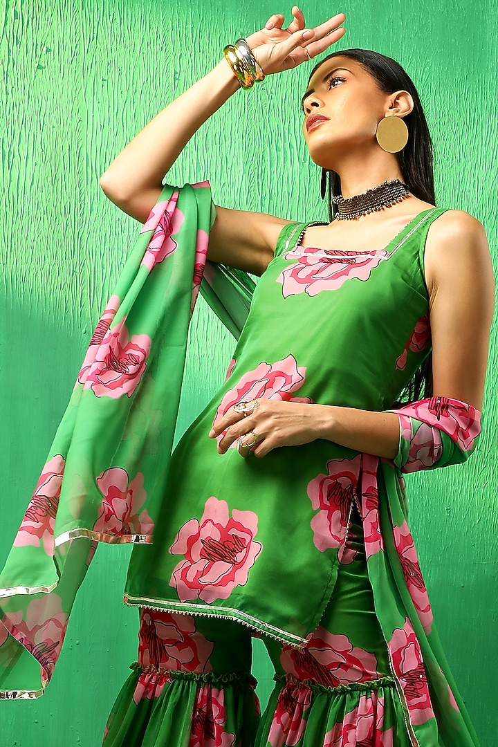 Green Organza Carnation Printed Sharara Set by Pomcha Jaipur at Pernia's Pop Up Shop