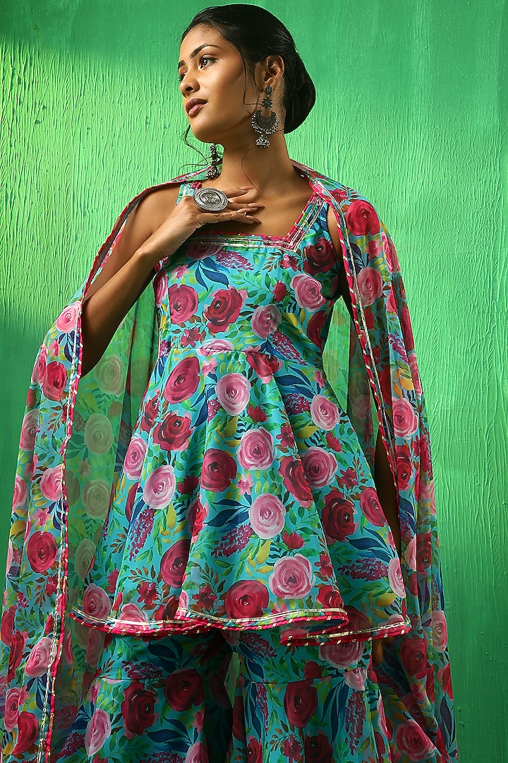 Blue Organza Floral Printed Sharara Set by Pomcha Jaipur at Pernia's Pop Up Shop