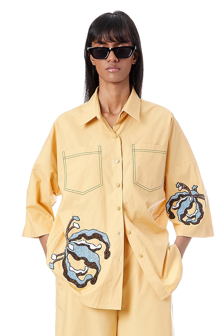 Yellow Cotton Embellished Boxy Shirt by Kanika Goyal