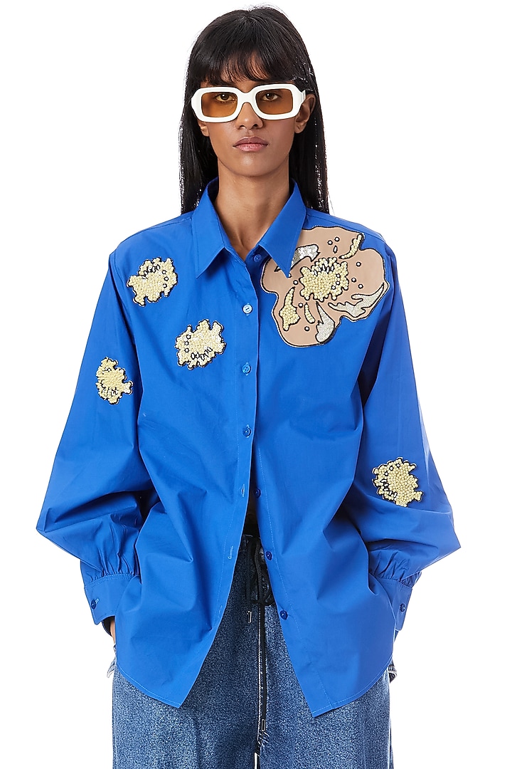 Blue Cotton Hand Embellished Shirt by Kanika Goyal at Pernia's Pop Up Shop