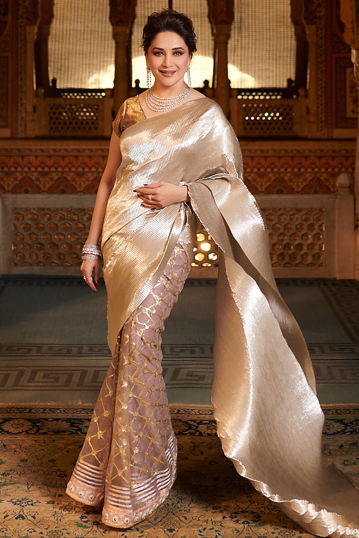Mother Of Pearl Metallic Zari Pleated Saree Set by Kiran Uttam Ghosh