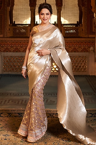 Mother Of Pearl Metallic Zari Pleated Saree Set by Kiran Uttam Ghosh