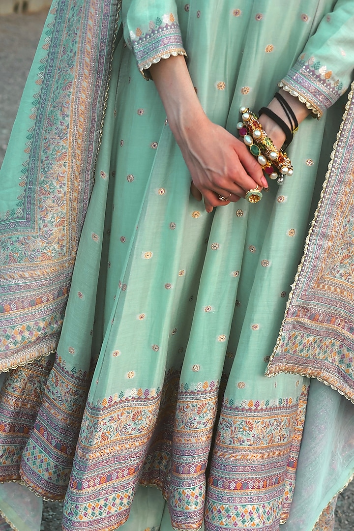 Sea Green Woven Wedding Anarkali Set by Safaa at Pernia's Pop Up Shop