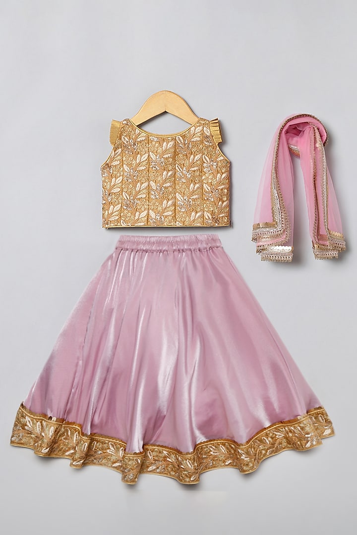 Pink Glass Tissue Embroidered Lehenga Set For Girls by BYB PREMIUM at Pernia's Pop Up Shop