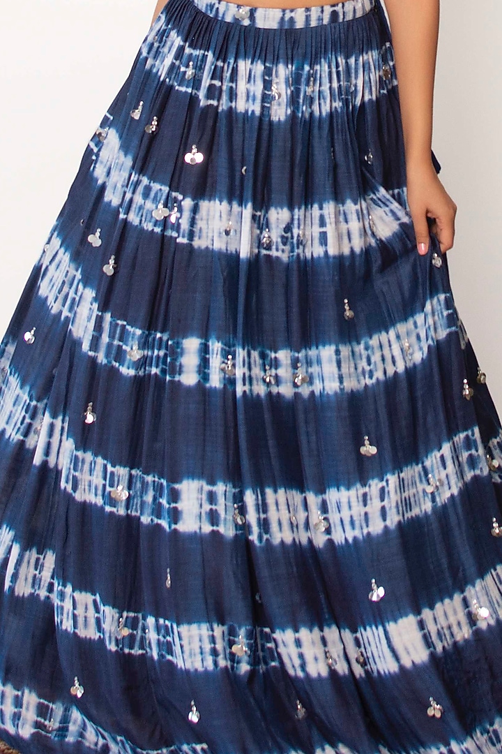 Dark Midnight Blue Tie-Dye Pleated Skirt Set by Dhwaja at Pernia's Pop Up Shop