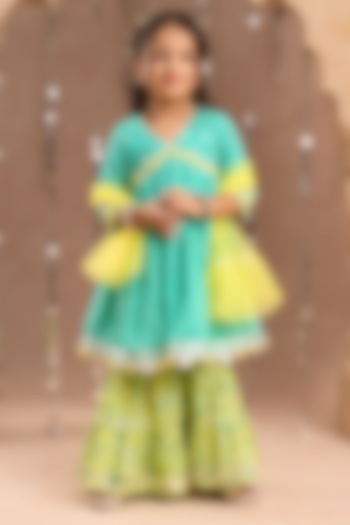 Green Cotton Jaipur Printed Sharara Set For Girls by Lil Drama at Pernia's Pop Up Shop