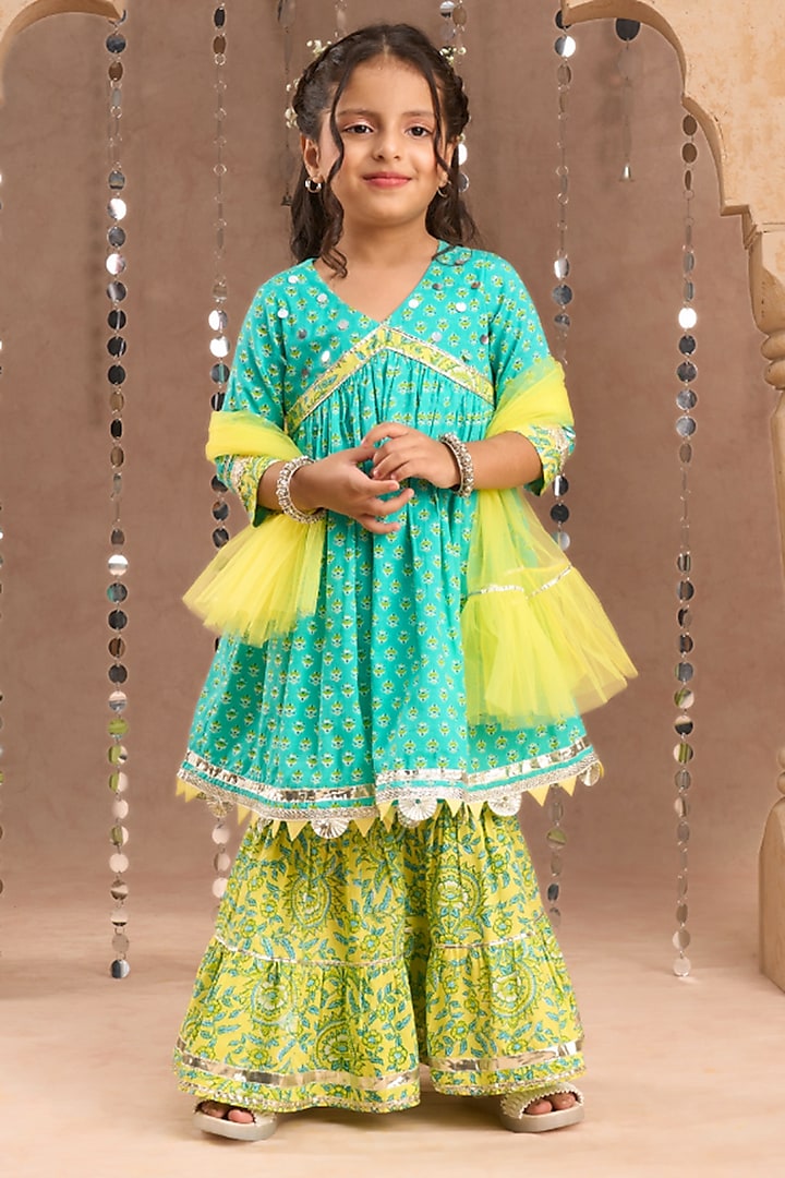 Green Cotton Jaipur Printed Sharara Set For Girls by Lil Drama