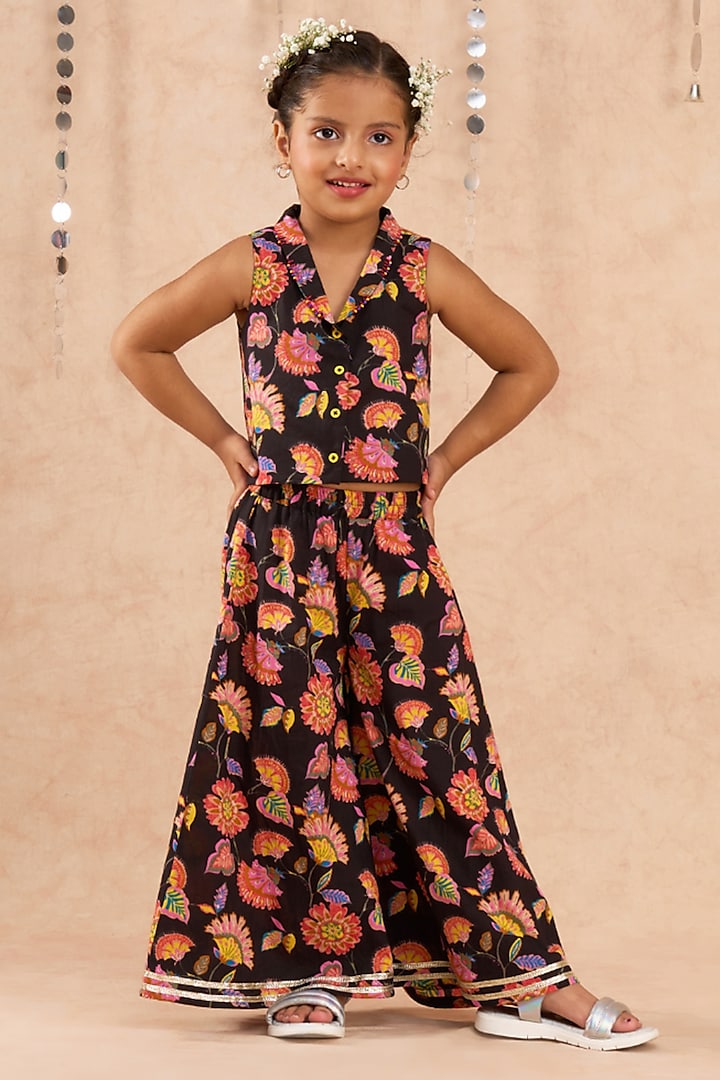Black Cotton Jaipur Printed Co-Ord Set For Girls by Lil Drama at Pernia's Pop Up Shop