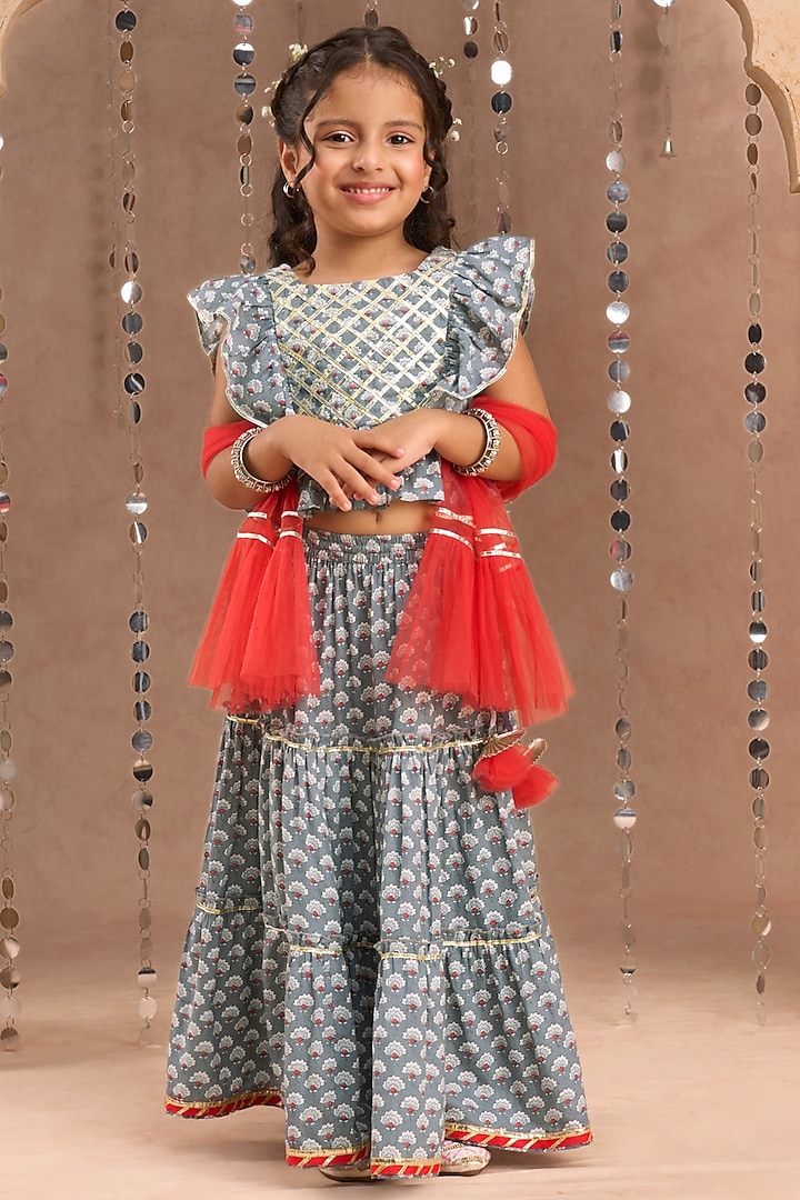 Grey Cotton Jaipur Printed Lehenga Set For Girls by Lil Drama at Pernia's Pop Up Shop