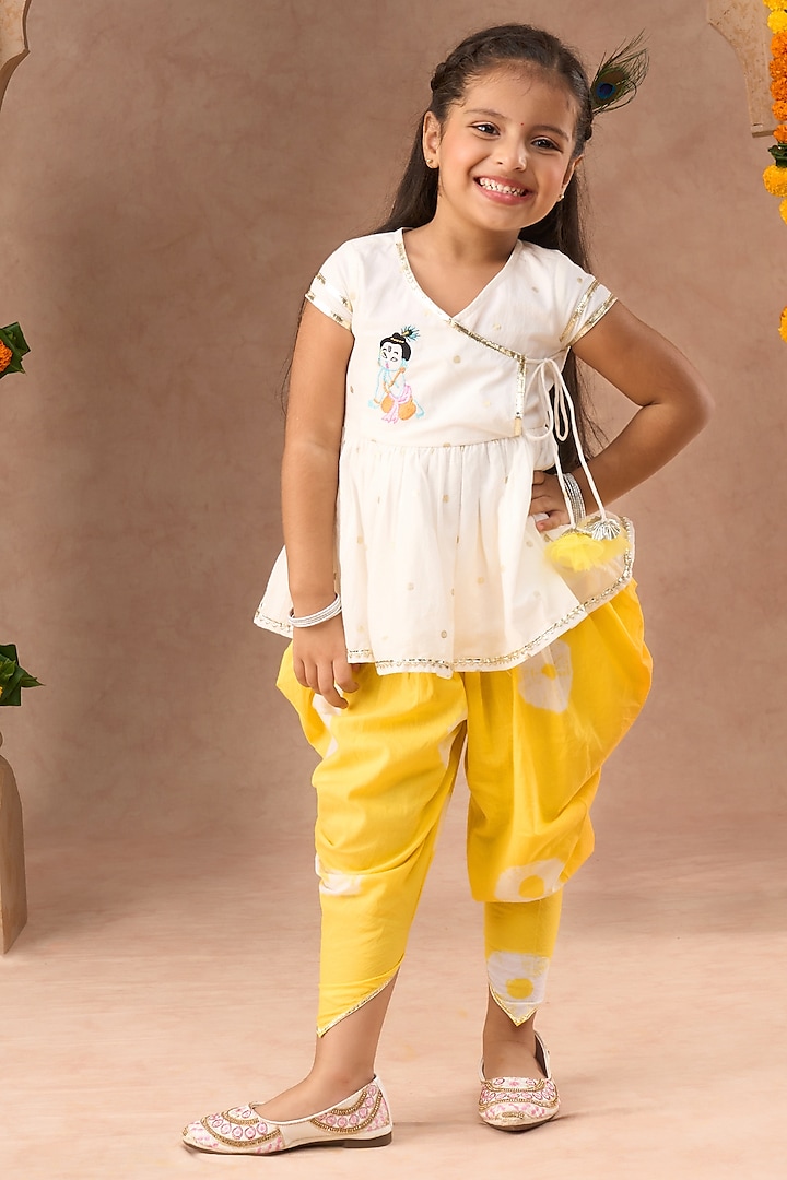Yellow & White Cotton Tie-Dyed Dhoti set For Girls by Lil Drama at Pernia's Pop Up Shop