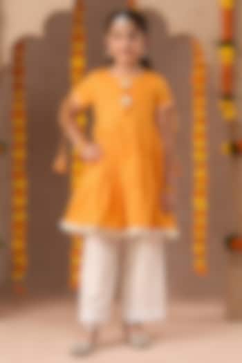 Orange Cotton Embroidered Kurta Set For Girls by Lil Drama at Pernia's Pop Up Shop