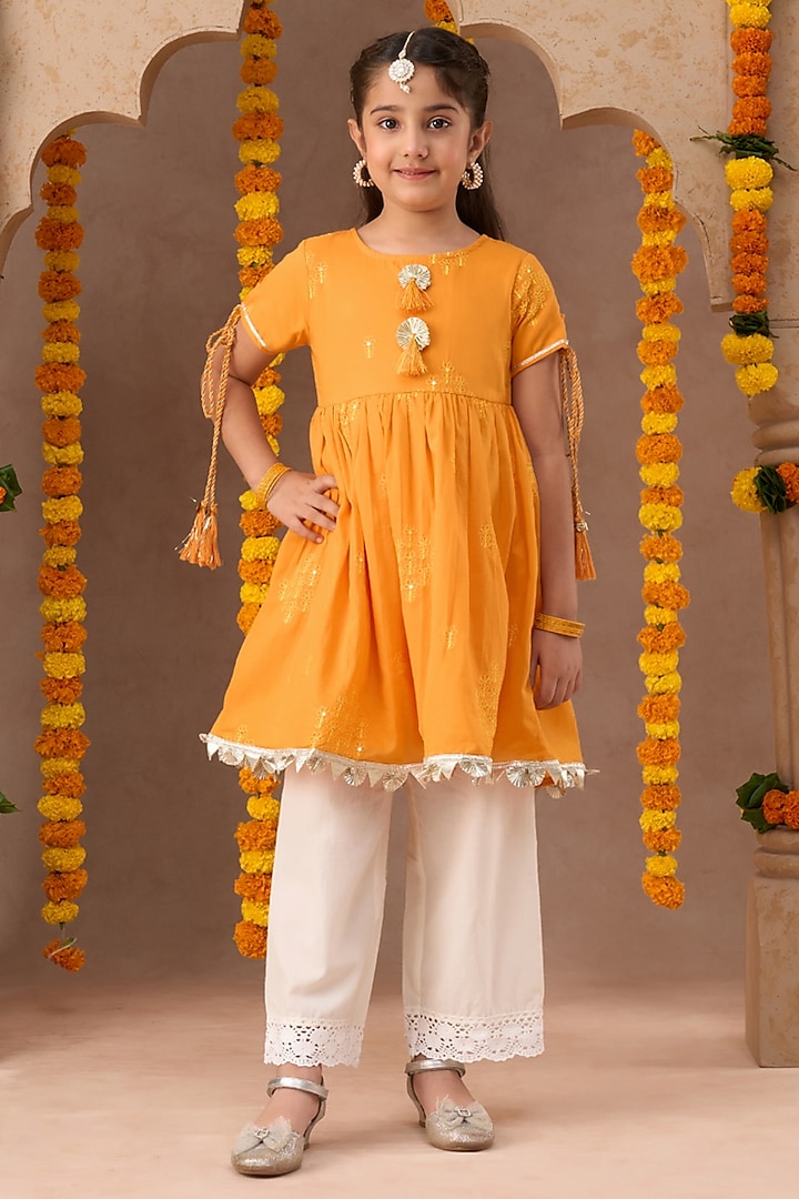 Orange Cotton Embroidered Kurta Set For Girls by Lil Drama at Pernia's Pop Up Shop
