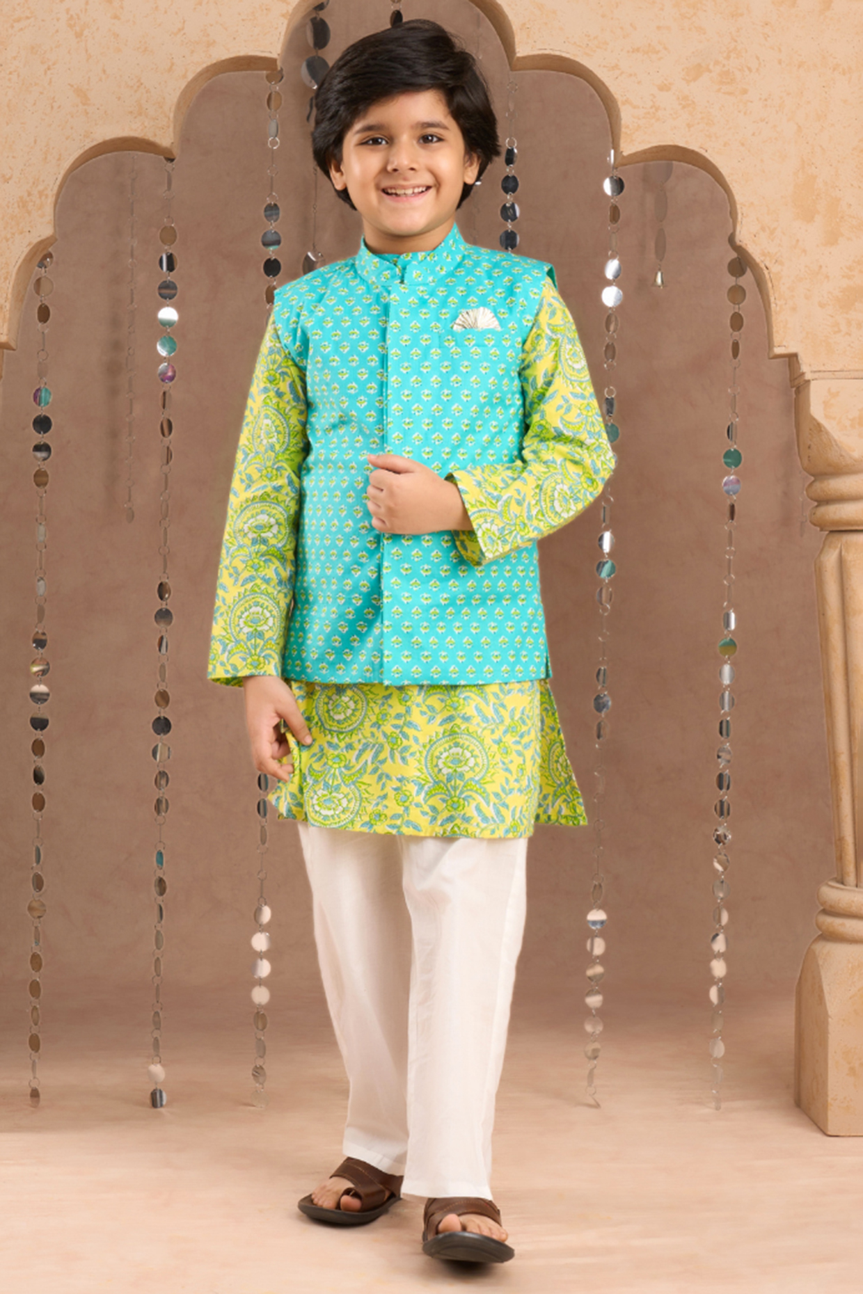 Green Cotton Jaipur Printed Nehru Jacket Set For Boys by Lil Drama at Pernia's Pop Up Shop