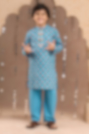 Blue Cotton Jaipur Printed Kurta Set For Boys by Lil Drama at Pernia's Pop Up Shop