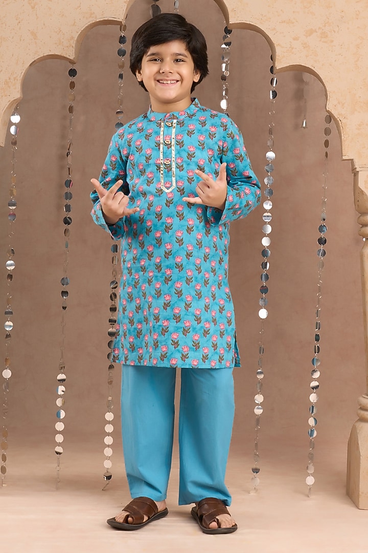Blue Cotton Jaipur Printed Kurta Set For Boys by Lil Drama at Pernia's Pop Up Shop