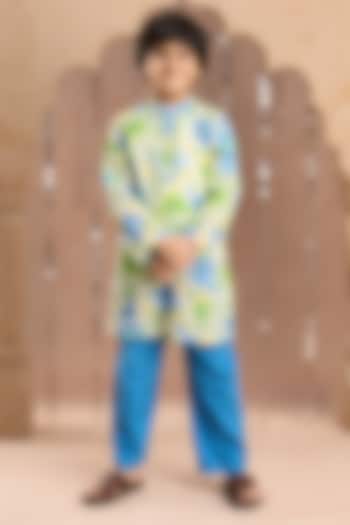 Green Cotton Jaipur Printed Kurta Set For Boys by Lil Drama at Pernia's Pop Up Shop