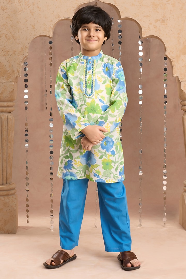Green Cotton Jaipur Printed Kurta Set For Boys by Lil Drama at Pernia's Pop Up Shop