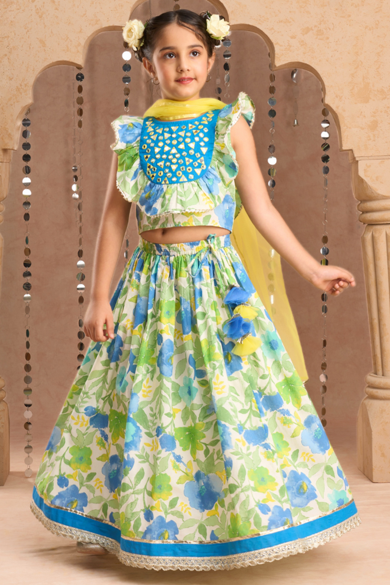 Green Cotton Jaipur Printed Lehenga Set For Girls by Lil Drama at Pernia's Pop Up Shop
