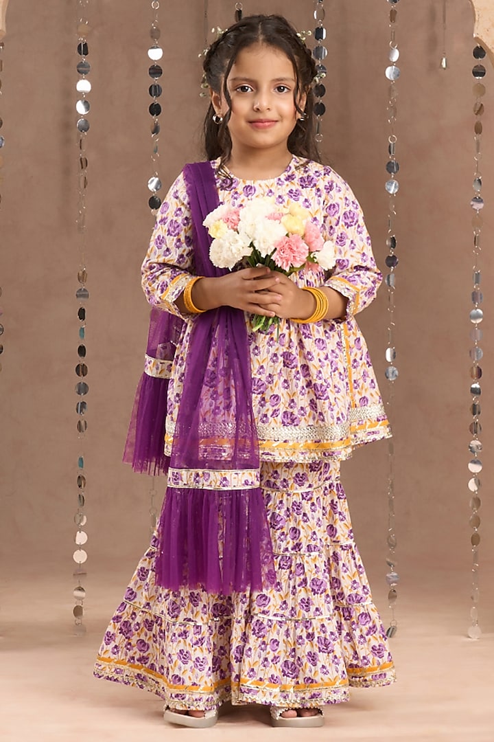 Lavender Cotton Jaipur Printed Sharara Set For Girls by Lil Drama at Pernia's Pop Up Shop