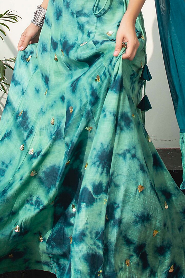 Bluish Green Tie-Dye Lehenga Set by Dhwaja at Pernia's Pop Up Shop