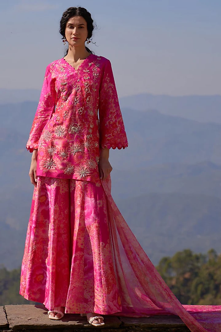 Fuchsia Natural Bemberg Silk Digital Printed Wedding Sharara Set by Archana Shah at Pernia's Pop Up Shop