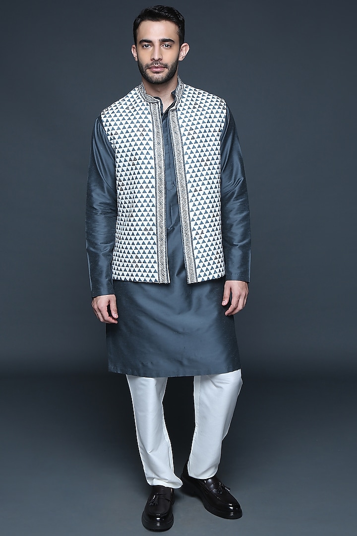 Charcoal Grey Printed & Embroidered Indowestern Jacket Set by Sanjev Marwaaha Men