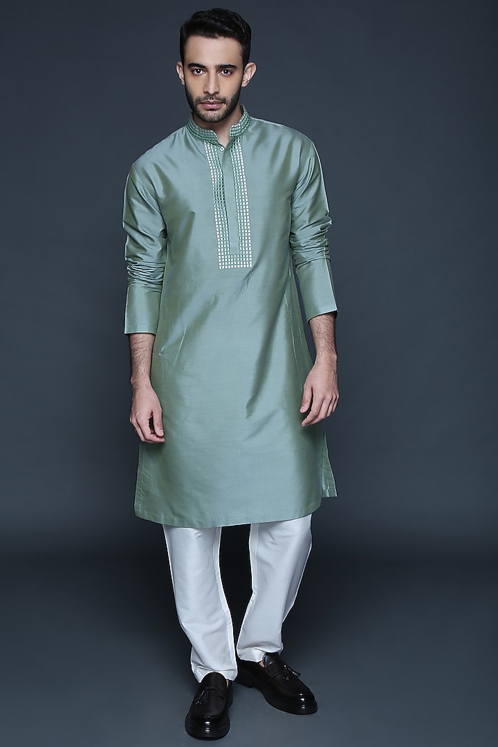 Vintage Green Embroidered Kurta Set by Sanjev Marwaaha Men at Pernia's Pop Up Shop