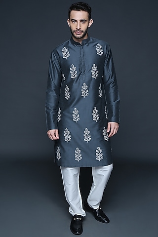 Charcoal Grey Embroidered Kurta Set by Sanjev Marwaaha Men