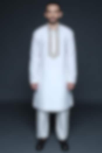Ivory Cotton Silk Hand Embroidered Kurta Set by Sanjev Marwaaha Men