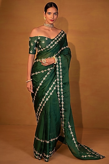 Dark Green Organza Silk Satin Sequins Embellished Wedding Saree Set by Esha Koul at Pernia's Pop Up Shop