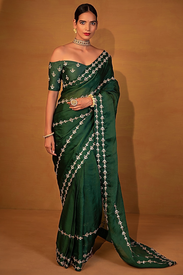 Dark Green Organza Silk Satin Sequins Embellished Saree Set by Esha Koul