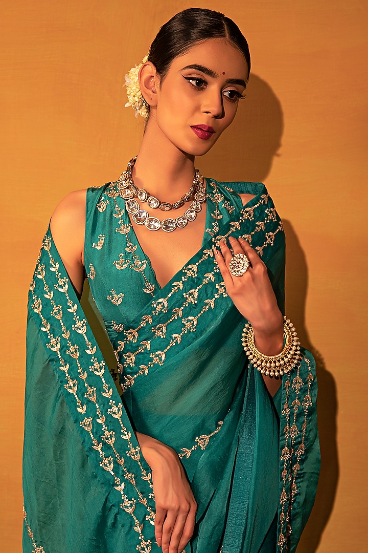 Teal Green Organza Sequins Embellished Wedding Saree Set by Esha Koul at Pernia's Pop Up Shop