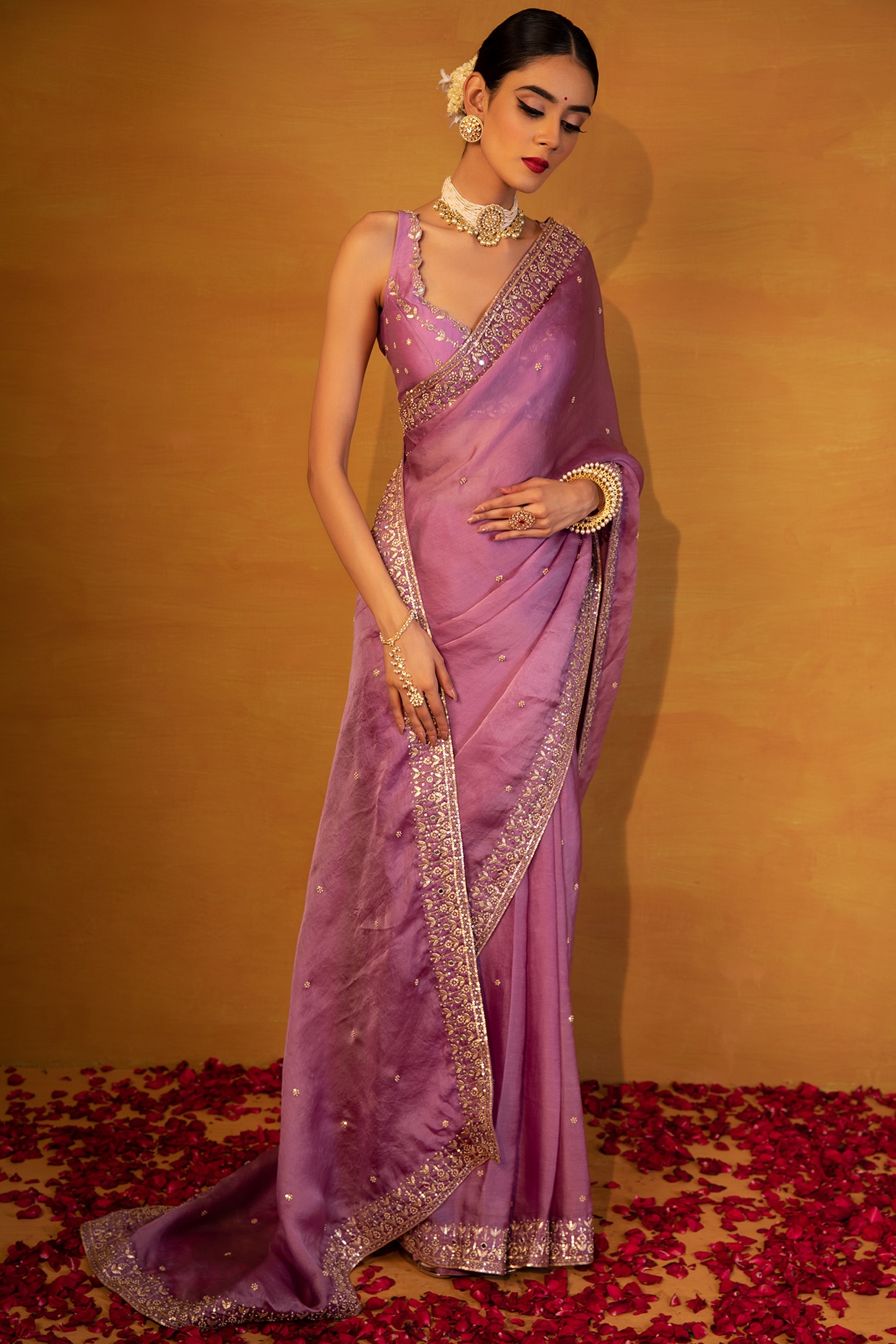 Organza Lavender Purple Thread Embroidered Saree|SARV156458