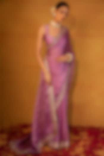 Lavender Organza Silk Satin Gota Patti Embellished Saree Set by Esha Koul